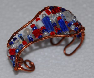 Copper wire Cuff bracelet-beaded with red ,white, blue glass beads