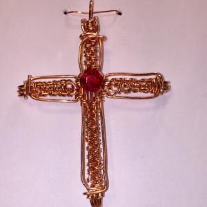 Copper wire weave cross with Swarovski 8mm bead